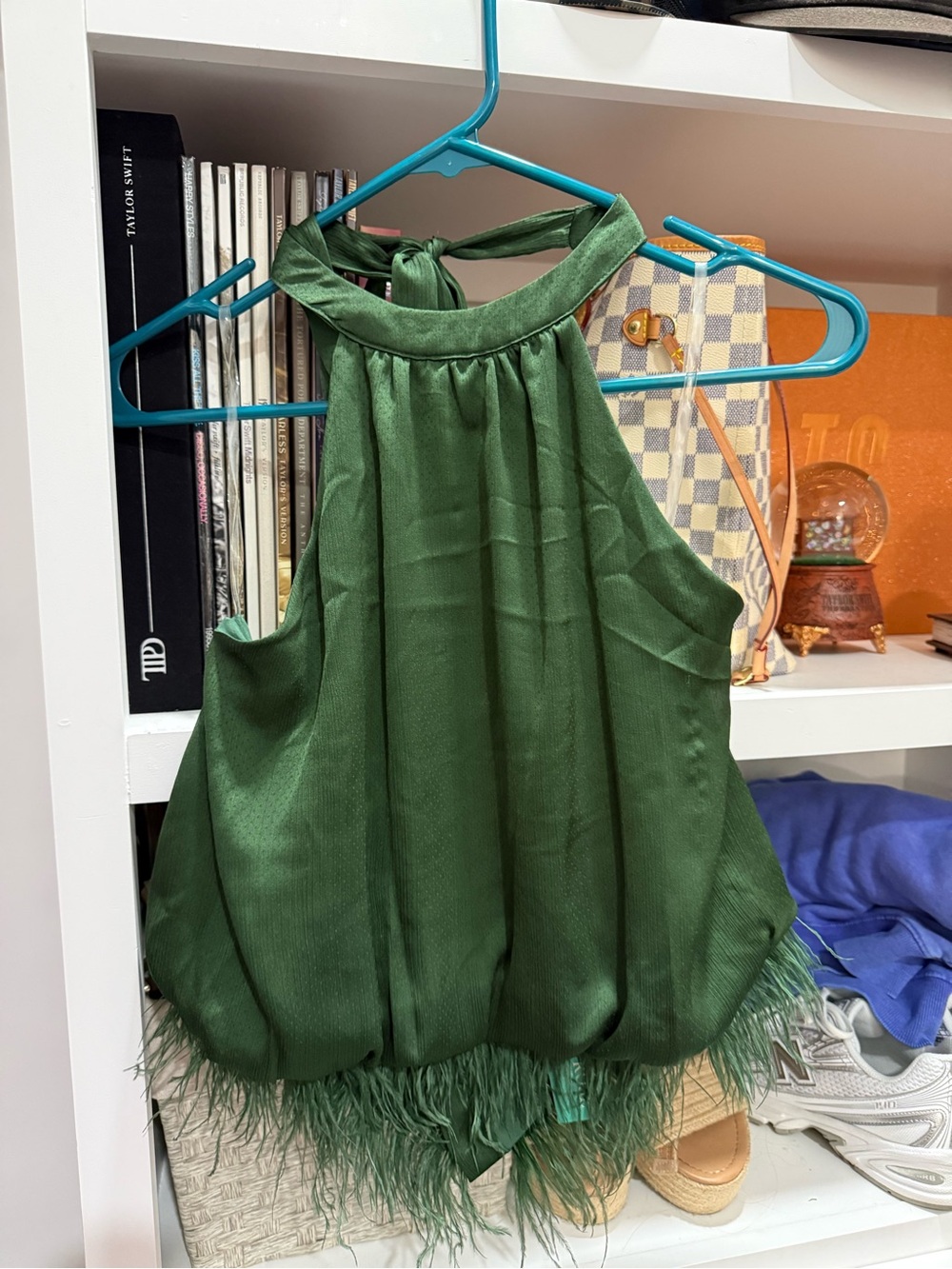 Women's Sleeveless Halter Top with Feather Hem - Green
